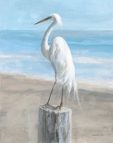 Egret by the Sea Black Ornate Wood Framed Art Print with Double Matting by Nai, Danhui