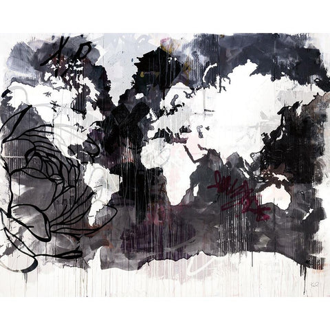 Floral Graffiti World Map Black Modern Wood Framed Art Print by Youngstrom, Kent