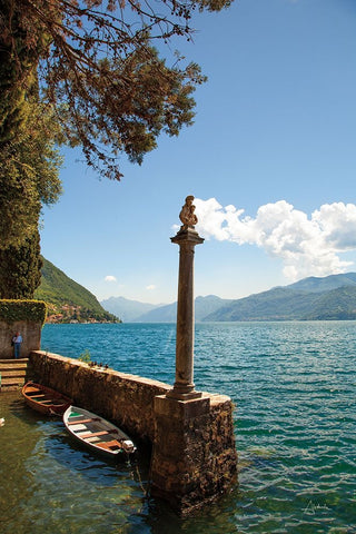 Boats by Lake Como Black Ornate Wood Framed Art Print with Double Matting by Aledanda