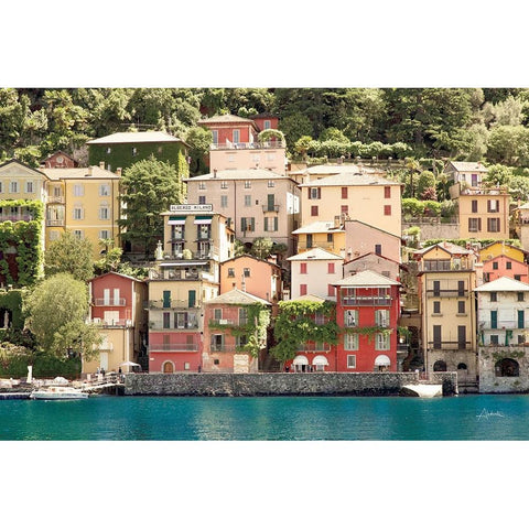 Lake Como Village II Black Modern Wood Framed Art Print with Double Matting by Aledanda