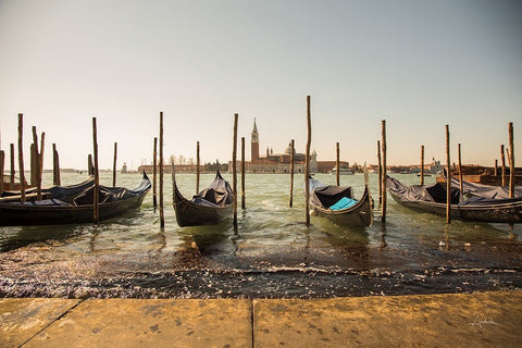 Venice Gondolas White Modern Wood Framed Art Print with Double Matting by Aledanda