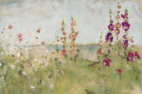 Hollyhocks by the Sea Black Ornate Wood Framed Art Print with Double Matting by Blum, Cheri