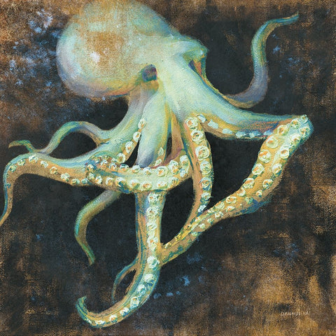 Ocean Octopus on Black Black Modern Wood Framed Art Print by Nai, Danhui