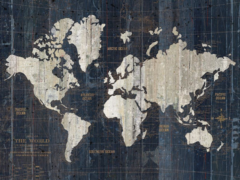 Old World Map Blue v2 Crop White Modern Wood Framed Art Print with Double Matting by Wild Apple Portfolio