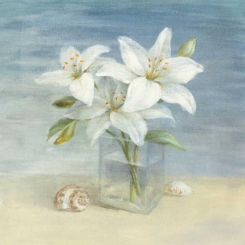 Lilies and Shells - Wag Black Modern Wood Framed Art Print with Double Matting by Nai, Danhui