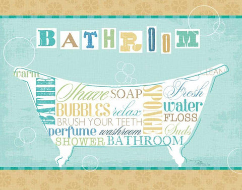 Bathroom Words I Black Ornate Wood Framed Art Print with Double Matting by Pela Studio