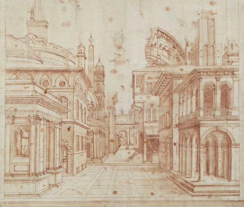 Roman Perspective Black Ornate Wood Framed Art Print with Double Matting by Peruzzi, Baldassare