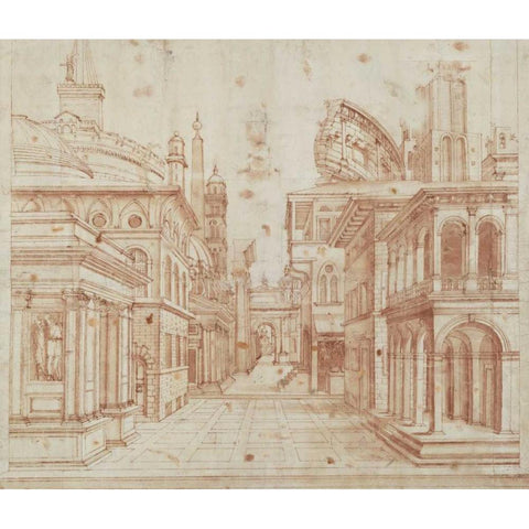 Roman Perspective Black Modern Wood Framed Art Print by Peruzzi, Baldassare