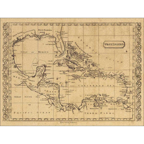 West Indies 1806 Gold Ornate Wood Framed Art Print with Double Matting by World Map