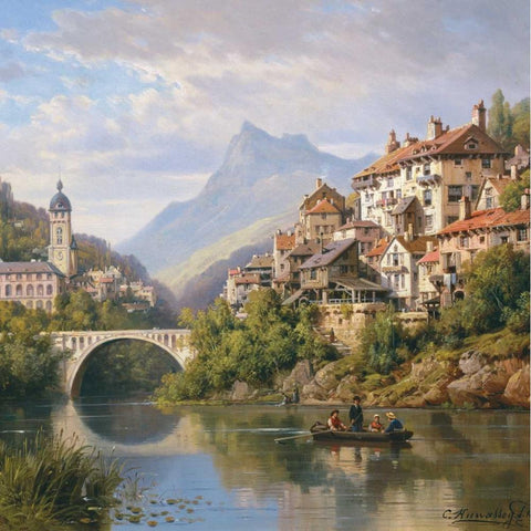 Riverside Village II Gold Ornate Wood Framed Art Print with Double Matting by Kuwasseg, Charles