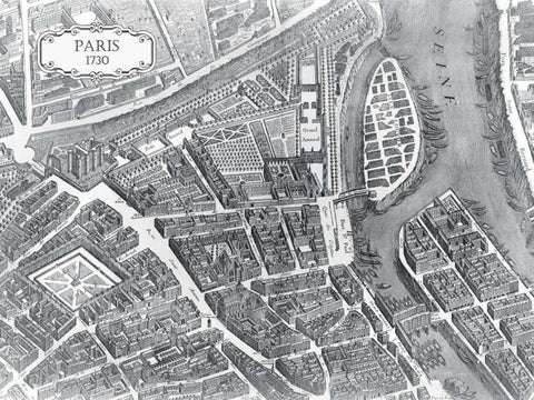 Plan of Paris 1730 - I Black Ornate Wood Framed Art Print with Double Matting by Bretez, Louis