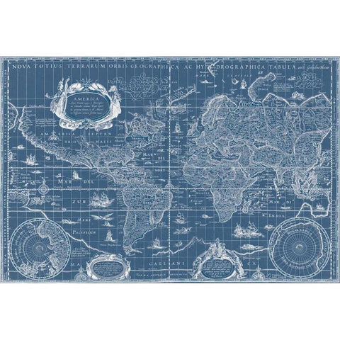 Blueprint World Map White Modern Wood Framed Art Print by Blaeu, Willem