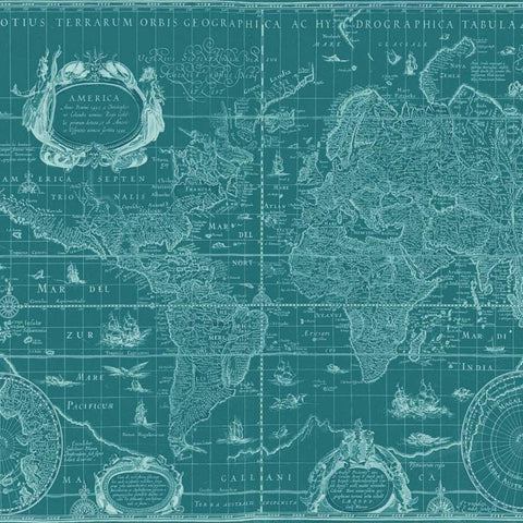 Blueprint Map(Teal)Â   Black Modern Wood Framed Art Print with Double Matting by Blaeu, Willem