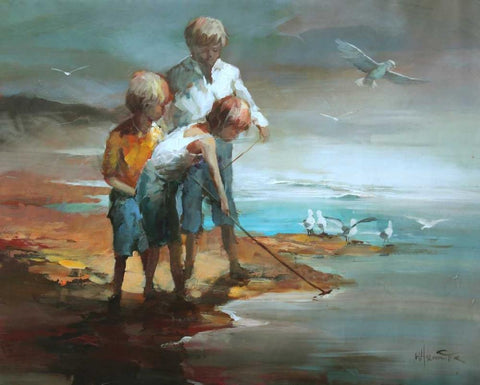 Boys on the beach White Modern Wood Framed Art Print with Double Matting by Haenraets, Willem