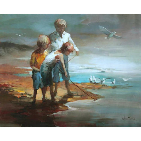 Boys on the beach Black Modern Wood Framed Art Print by Haenraets, Willem