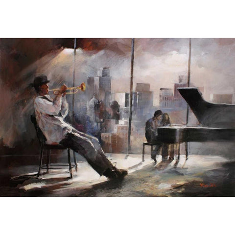 Trumpeter Black Modern Wood Framed Art Print by Haenraets, Willem