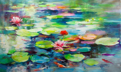 Water lely Black Ornate Wood Framed Art Print with Double Matting by Haenraets, Willem