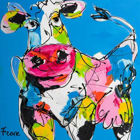 Colourful art cow White Modern Wood Framed Art Print by Fiore, Art