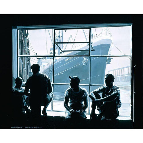 Les Dockers Black Modern Wood Framed Art Print by Bertrand, Alain