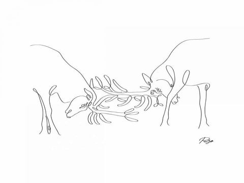 Deer Fight 01 White Modern Wood Framed Art Print with Double Matting by Mahdavi, Gholam Reza