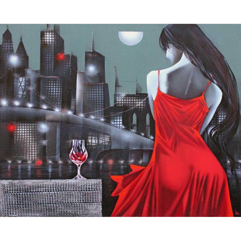 Moon night in Megapolis Black Modern Wood Framed Art Print by Tsantekidou, Rose