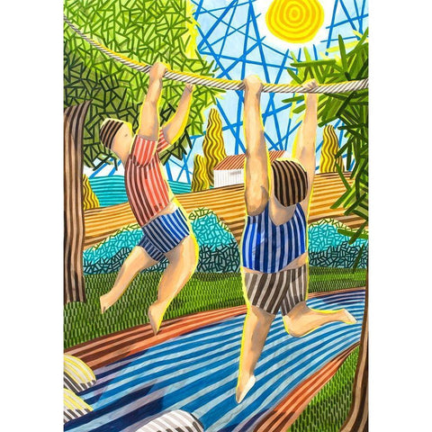 Dos Chicos jugando en el rio White Modern Wood Framed Art Print by Ortas, Javier
