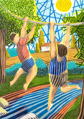 Dos Chicos jugando en el rio Black Ornate Wood Framed Art Print with Double Matting by Ortas, Javier