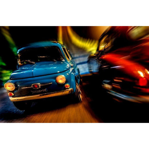 Cars in action - Fiat 500M White Modern Wood Framed Art Print by Debionne, Jean-Loup