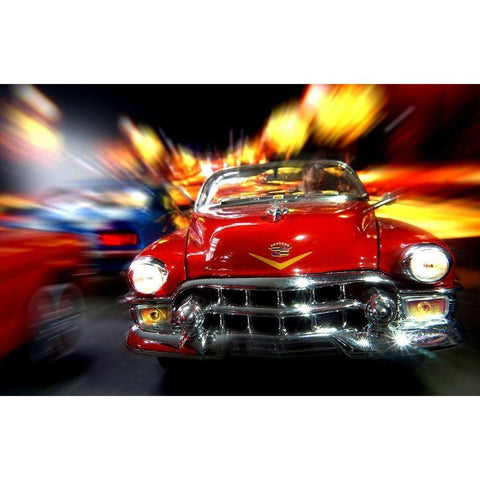 Cars in action - Cadillac rot White Modern Wood Framed Art Print by Debionne, Jean-Loup