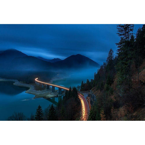 Sylvensteinspeicher bei Nacht Black Modern Wood Framed Art Print with Double Matting by Scholz, Markus