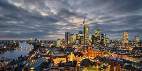 Frankfurt - Evening Skyline White Modern Wood Framed Art Print with Double Matting by Abid, Michael