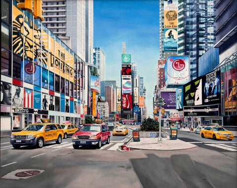 Time Square Reflections White Modern Wood Framed Art Print with Double Matting by Schuh, Michael