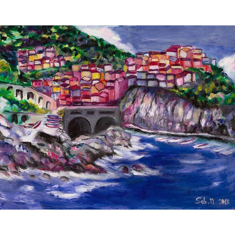 Cinque Terre Black Modern Wood Framed Art Print with Double Matting by Montel, SÃ©bastien
