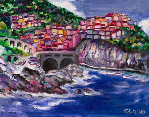 Cinque Terre White Modern Wood Framed Art Print with Double Matting by Montel, SÃ©bastien