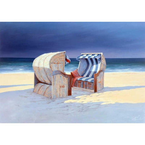 Beach Chairs I White Modern Wood Framed Art Print by Schneider, Sigur