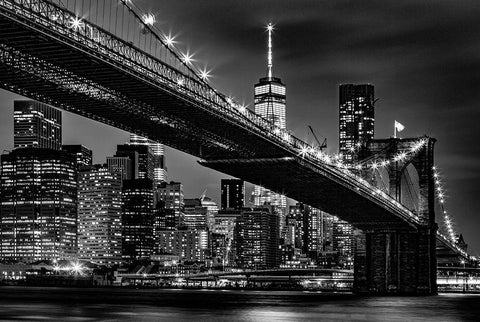 New York Skyline at Night Black Ornate Wood Framed Art Print with Double Matting by Seifinger, Toby