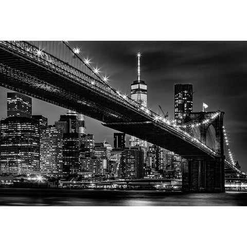 New York Skyline at Night Black Modern Wood Framed Art Print with Double Matting by Seifinger, Toby