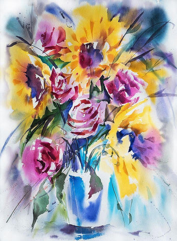 SonnenblumenstrauÃŸ White Modern Wood Framed Art Print with Double Matting by Maier, Werner