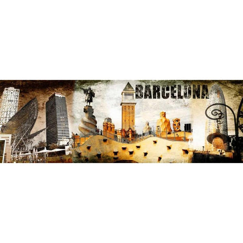 Barcelona Collage 02 Black Modern Wood Framed Art Print with Double Matting by Adamsky