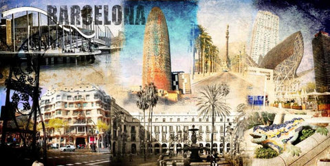 Barcelona Collage 01 Black Ornate Wood Framed Art Print with Double Matting by Adamsky