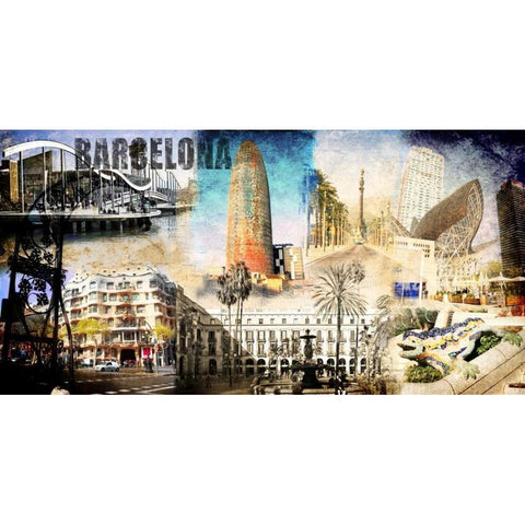 Barcelona Collage 01 Black Modern Wood Framed Art Print with Double Matting by Adamsky