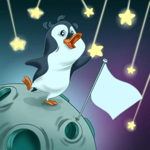 The penguin and the stars White Modern Wood Framed Art Print with Double Matting by Alvez, A. - Perez, A.