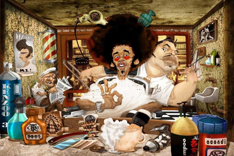 The Barbers Shop Black Ornate Wood Framed Art Print with Double Matting by Alvez, A. - Perez, A.