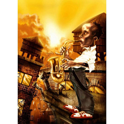 The Saxophonist -1 Black Modern Wood Framed Art Print with Double Matting by Alvez, A. - Perez, A.