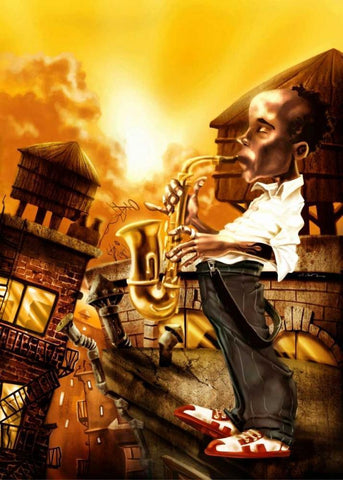 The Saxophonist -1 Black Ornate Wood Framed Art Print with Double Matting by Alvez, A. - Perez, A.