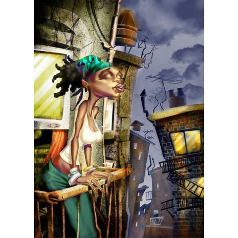Girl on the Balcony -2 Black Modern Wood Framed Art Print by Alvez, A. - Perez, A.