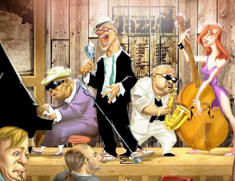Musicians Jam Session White Modern Wood Framed Art Print with Double Matting by Alvez, A. - Perez, A.