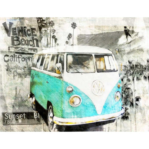 Beach Van - green Black Modern Wood Framed Art Print by Sola, Bresso
