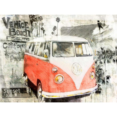 Beach Van - red Black Modern Wood Framed Art Print by Sola, Bresso