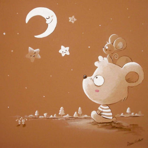 Bear and Moon White Modern Wood Framed Art Print with Double Matting by Vicedo, Diana